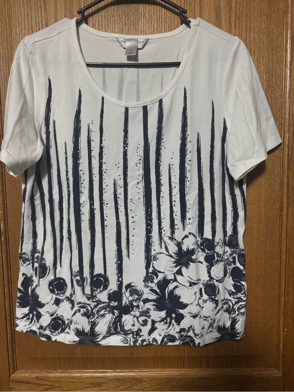 Christopher & Banks White Short-Sleeve Top with Navy Floral Stripe Print